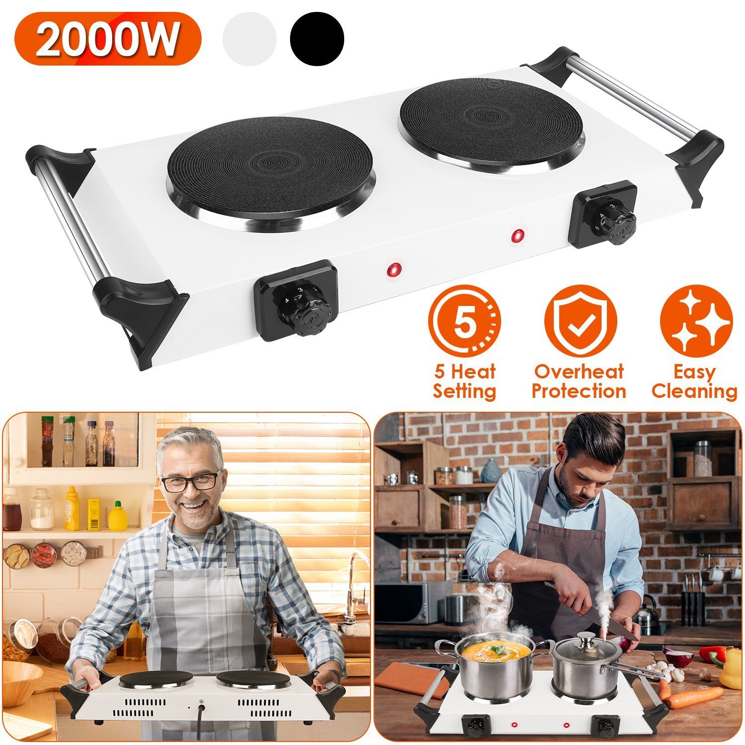 2000W Electric Dual Burner Portable Coil Heating Hot Plate Stove Countertop RV Hotplate with 5 Temperature Adjustments Portable Handles 2000W Electric Dual Burner Portable Coil Heating Hot Plate Stove Countertop RV Hotplate with 5 Temperature Adjustments Portable Handles